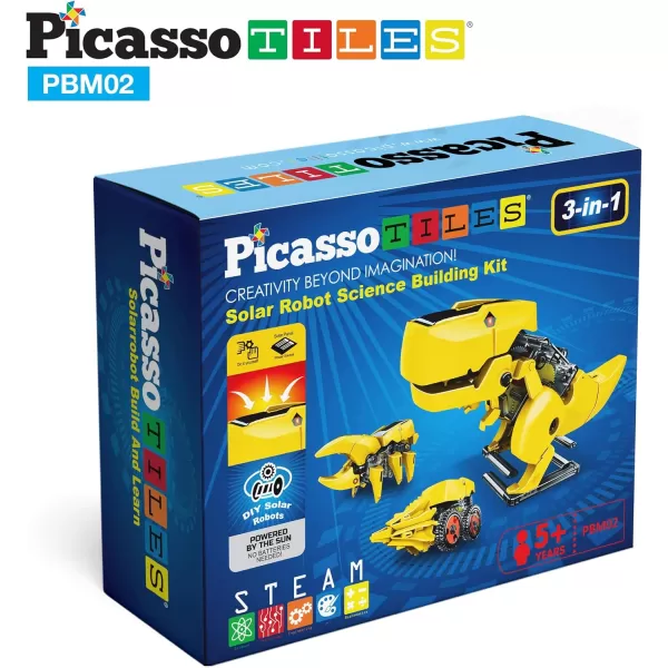PicassoTiles STEM Kids Solar Powered Transformer Robot Educational Learning Engineering Building Toy 12in1 Creative Unique Transformation Renewable Energy Science Experiment DIY Kit Boy Girl Age 83in1 Dinosaur