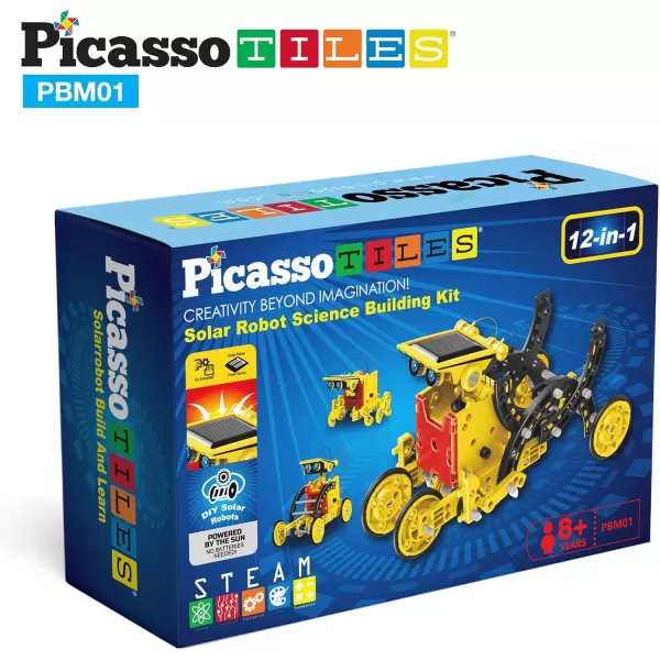 PicassoTiles STEM Kids Solar Powered Transformer Robot Educational Learning Engineering Building Toy 12in1 Creative Unique Transformation Renewable Energy Science Experiment DIY Kit Boy Girl Age 812in1 Robot