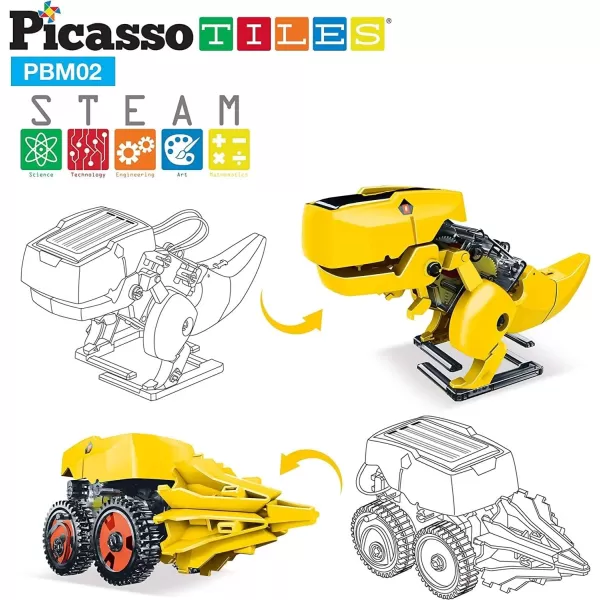 PicassoTiles STEM Kids Solar Powered Transformer Robot Educational Learning Engineering Building Toy 12in1 Creative Unique Transformation Renewable Energy Science Experiment DIY Kit Boy Girl Age 83in1 Dinosaur