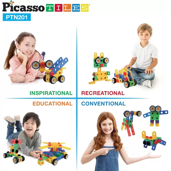 PicassoTiles STEM Kids Solar Powered Transformer Robot Educational Learning Engineering Building Toy 12in1 Creative Unique Transformation Renewable Energy Science Experiment DIY Kit Boy Girl Age 8201PC w Bin