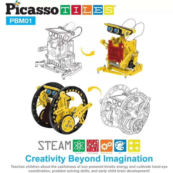 PicassoTiles STEM Kids Solar Powered Transformer Robot Educational Learning Engineering Building Toy 12in1 Creative Unique Transformation Renewable Energy Science Experiment DIY Kit Boy Girl Age 812in1 Robot