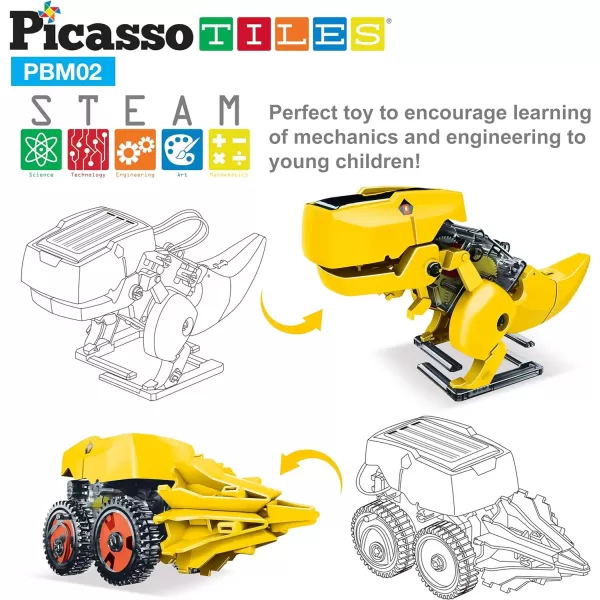 PicassoTiles STEM Kids Solar Powered Transformer Robot Educational Learning Engineering Building Toy 12in1 Creative Unique Transformation Renewable Energy Science Experiment DIY Kit Boy Girl Age 83in1 Dinosaur