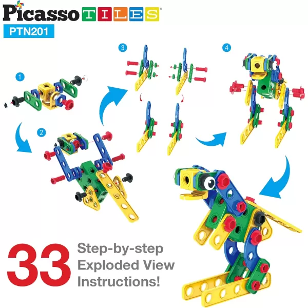 PicassoTiles STEM Kids Solar Powered Transformer Robot Educational Learning Engineering Building Toy 12in1 Creative Unique Transformation Renewable Energy Science Experiment DIY Kit Boy Girl Age 8201PC w Bin