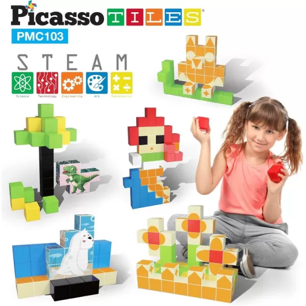 Picasso Cubes 1 Magnetic Puzzle Cubes 108 Piece Magnet Construction Building Block Set Sensory Toy Early Education STEM Learning Free Ideabook with 50 Ideas Children Age 3 Boy Girl PMC108103pc