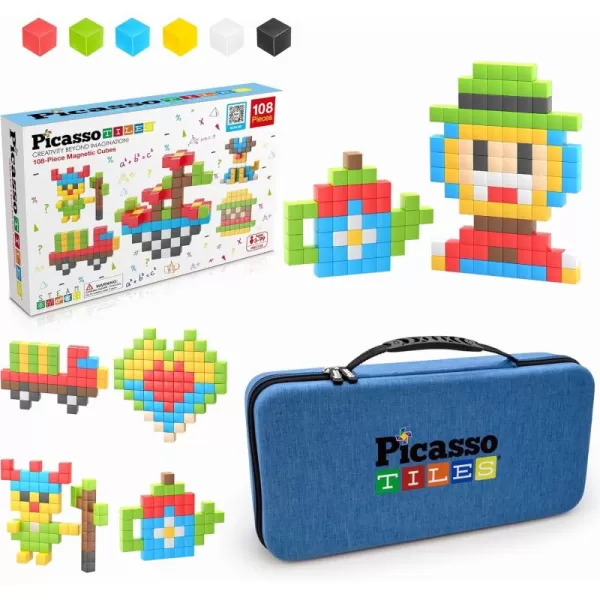 PicassoTiles 108PC Magnetic Puzzle Cube  Toys Carrying Case 1quot Pixel Mix ampamp Match Cubes wFree Idea Book Sensory Toys Magnetic Tiles Construction Block Travel Bag Waterproof Storage Organizer Box