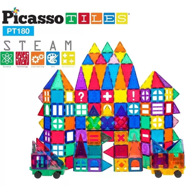 PicassoTiles 180 PCs Magnetic Tile Building Block Deluxe Construction Set with 2 Cars Clear Color Unique Shapes See Through Shape Tiles 3D Playboard Colorful Educational Construction for Kids Ages 3PicassoTiles 180 PCs Magnetic Tile Building Block Deluxe Construction Set with 2 Cars Clear Color Unique Shapes See Through Shape Tiles 3D Playboard Colorful Educational Construction for Kids Ages 3