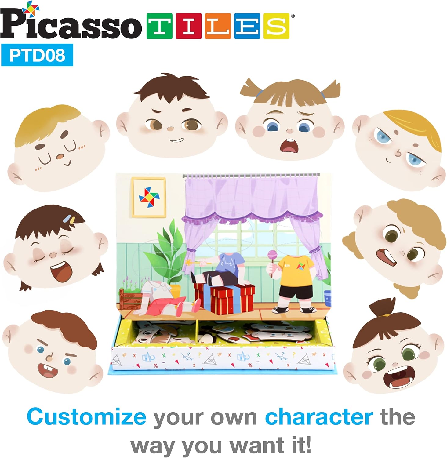 PicassoTiles 108pcs Reusable Magnetic Face Sticker Puzzle Book Drawing Board Set for KidsEducational and Learning Activity Books Toys ampamp Activity STEM Learning Toys Early Education ToysGifts Boys