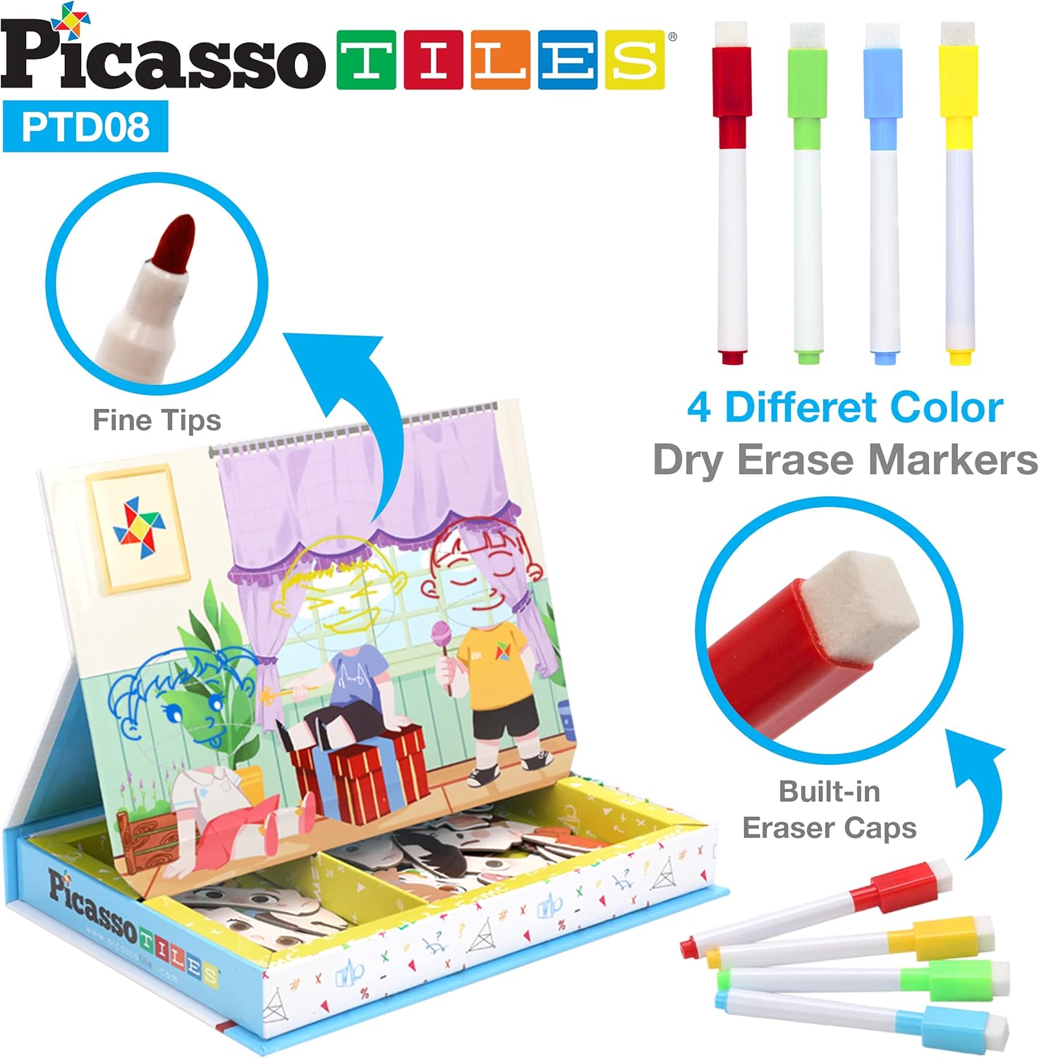 PicassoTiles 108pcs Reusable Magnetic Face Sticker Puzzle Book Drawing Board Set for KidsEducational and Learning Activity Books Toys ampamp Activity STEM Learning Toys Early Education ToysGifts Boys