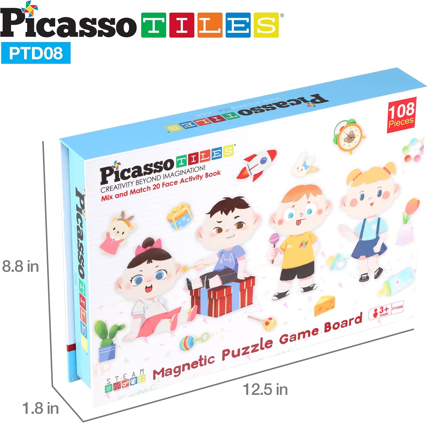 PicassoTiles 108pcs Reusable Magnetic Face Sticker Puzzle Book Drawing Board Set for KidsEducational and Learning Activity Books Toys ampamp Activity STEM Learning Toys Early Education ToysGifts Boys