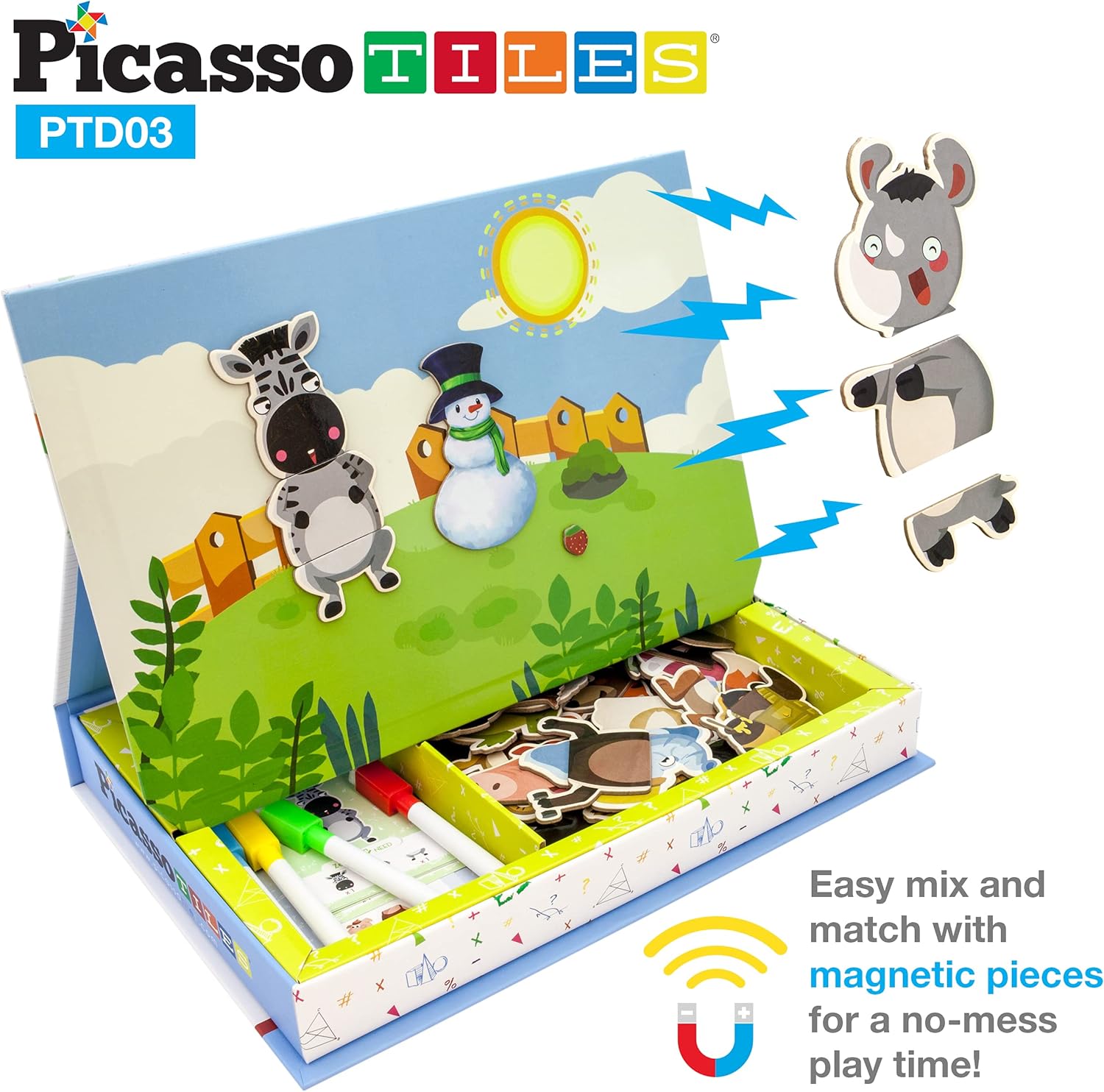 PicassoTiles 112 Piece Magnetic Mix ampamp Match Animal Building Activity DIY Combination Puzzle Book Kid Toy Set Educational Playset STEM Learning 20 FREE Unique Animals Creative Inspirational Idea Cards
