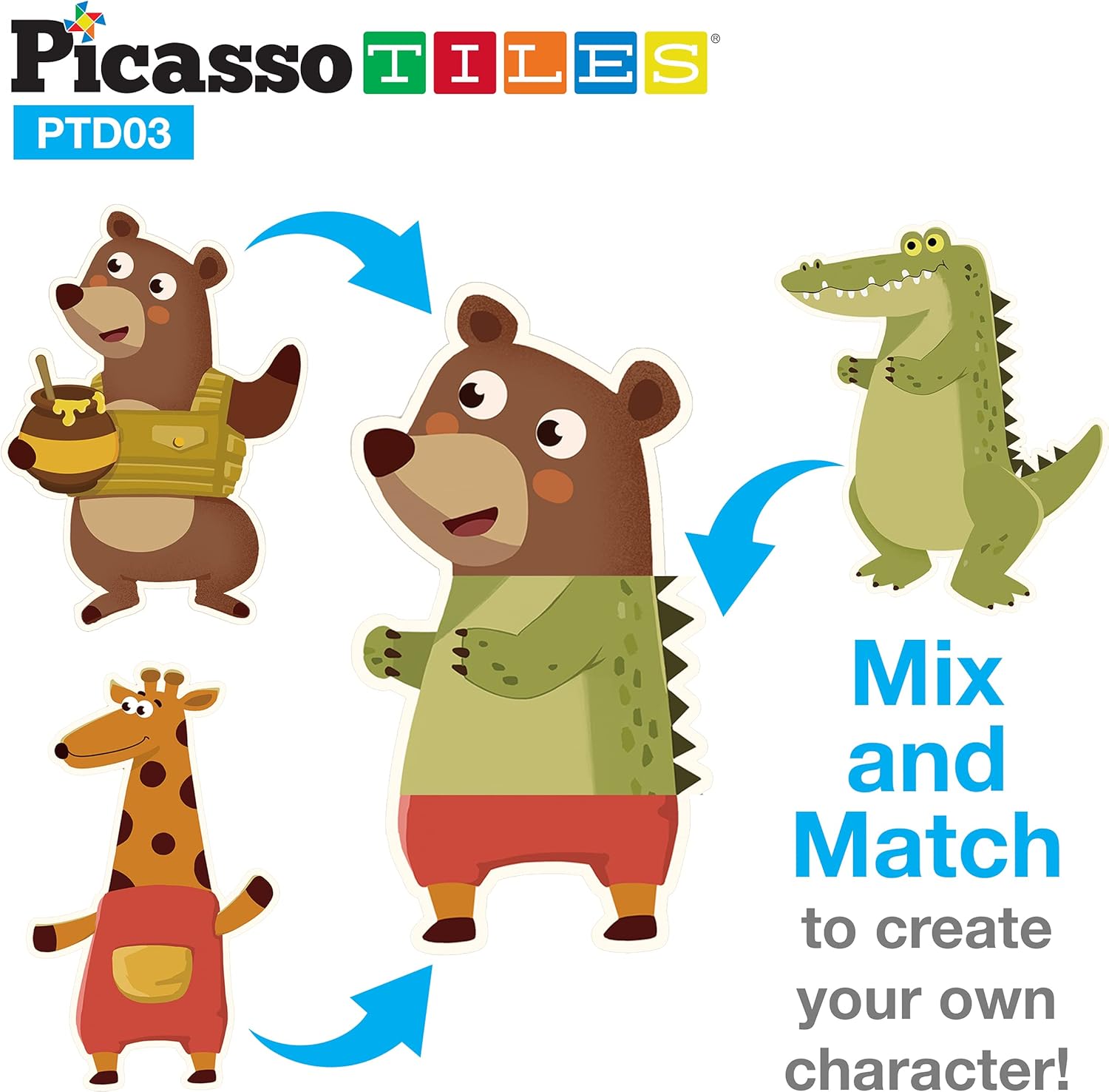 PicassoTiles 112 Piece Magnetic Mix ampamp Match Animal Building Activity DIY Combination Puzzle Book Kid Toy Set Educational Playset STEM Learning 20 FREE Unique Animals Creative Inspirational Idea Cards