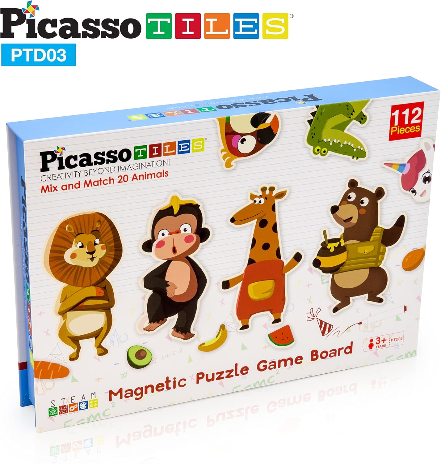PicassoTiles 112 Piece Magnetic Mix ampamp Match Animal Building Activity DIY Combination Puzzle Book Kid Toy Set Educational Playset STEM Learning 20 FREE Unique Animals Creative Inspirational Idea Cards