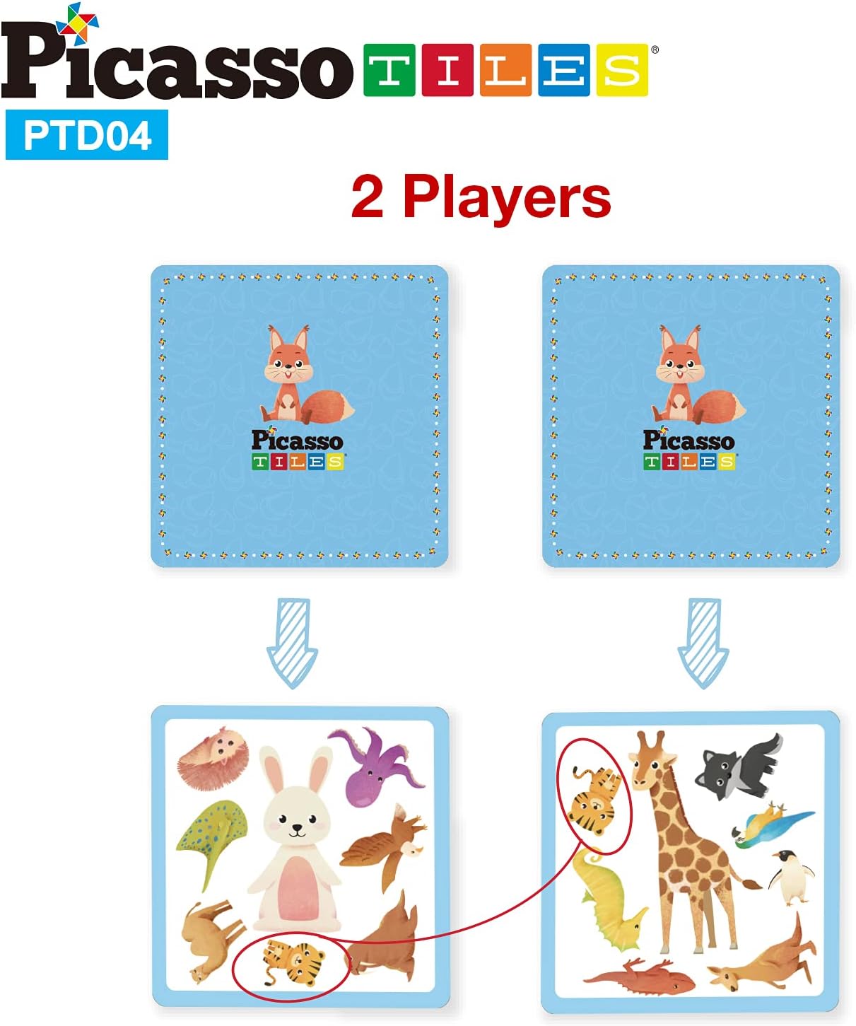 PicassoTiles 56 PCs Animal Speed Matching Game Match Identical Pairs of Animals as Fast as Possible Educational Puzzle Family Activity Board Games with Portable Storage Box for Boys ampamp Girls Ages 3