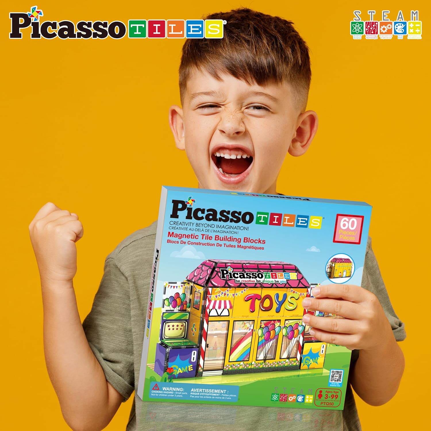 PicassoTiles 60pc Magnetic Building Block Magnet Tile Toy Shop Theme Pretend Play Construction Kit Reconfigurable Printed Structure DoubleSided Printing Education STEM Learning Playset Ages 3 PTQ50