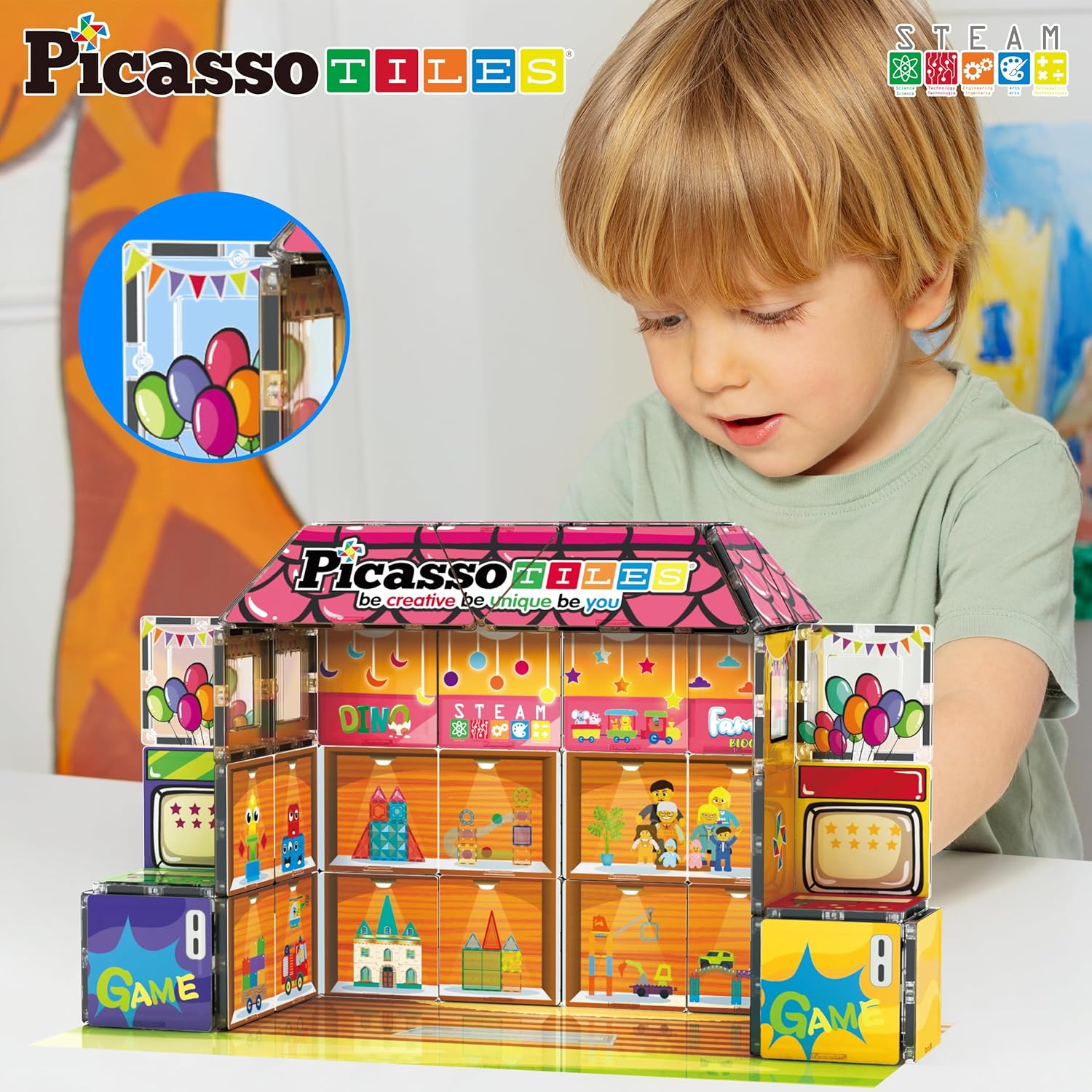 PicassoTiles 60pc Magnetic Building Block Magnet Tile Toy Shop Theme Pretend Play Construction Kit Reconfigurable Printed Structure DoubleSided Printing Education STEM Learning Playset Ages 3 PTQ50