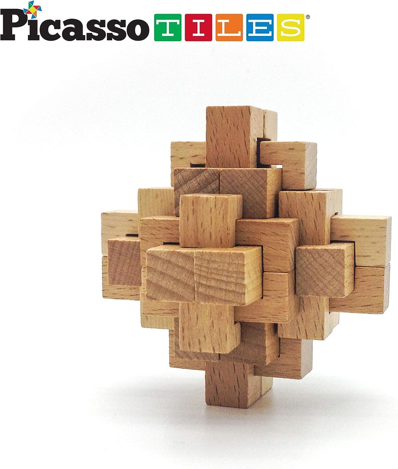 PicassoTiles 8 Styles Interlocking Sensory Toys Wooden Burr Cube Ball and Barrels Logic Skill Genius Puzzle Brain Teaser Games ampamp Intellectual 3D Assembling Educational Toy Set for Kids ampamp Adults PTP08Wood 8styles