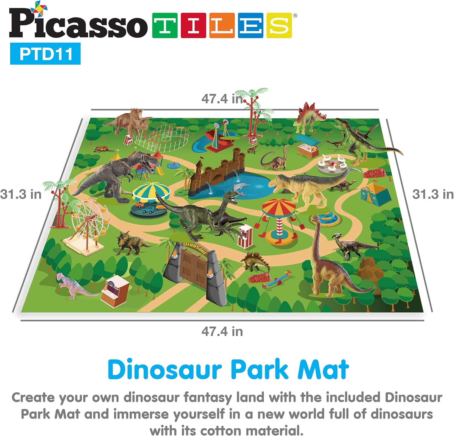 PicassoTiles Dinosaur Play Mat Toys 32pc Dino Playset STEM Activity Learning Kit STEAM Toy with Educational Book 21 Action Figures TRex Triceratops Velociraptor Trees Rocks for Kids 3 PTD11