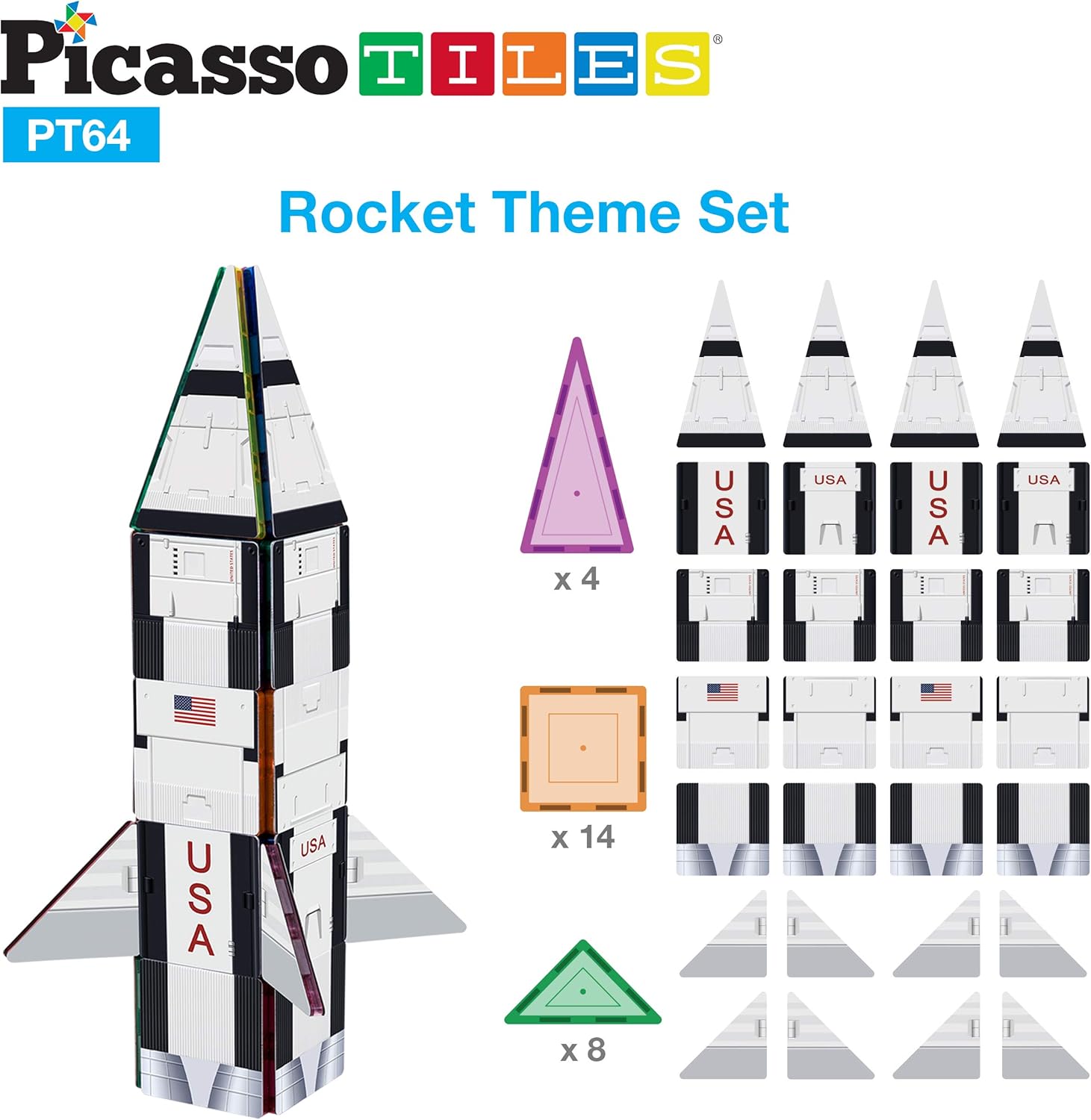 PicassoTiles Magnet Building Blocks STEM Learning Construction Toy Set Early Education Kit 3in1 Rocket School Bus Train Theme StickOn Puzzle Pretend Play Magnetic Tiles Kids Building Block Toys