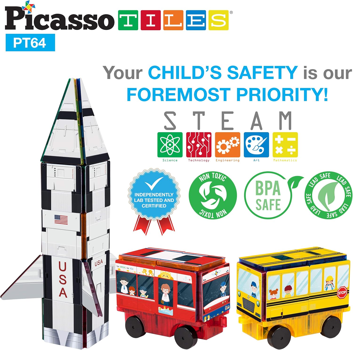 PicassoTiles Magnet Building Blocks STEM Learning Construction Toy Set Early Education Kit 3in1 Rocket School Bus Train Theme StickOn Puzzle Pretend Play Magnetic Tiles Kids Building Block Toys