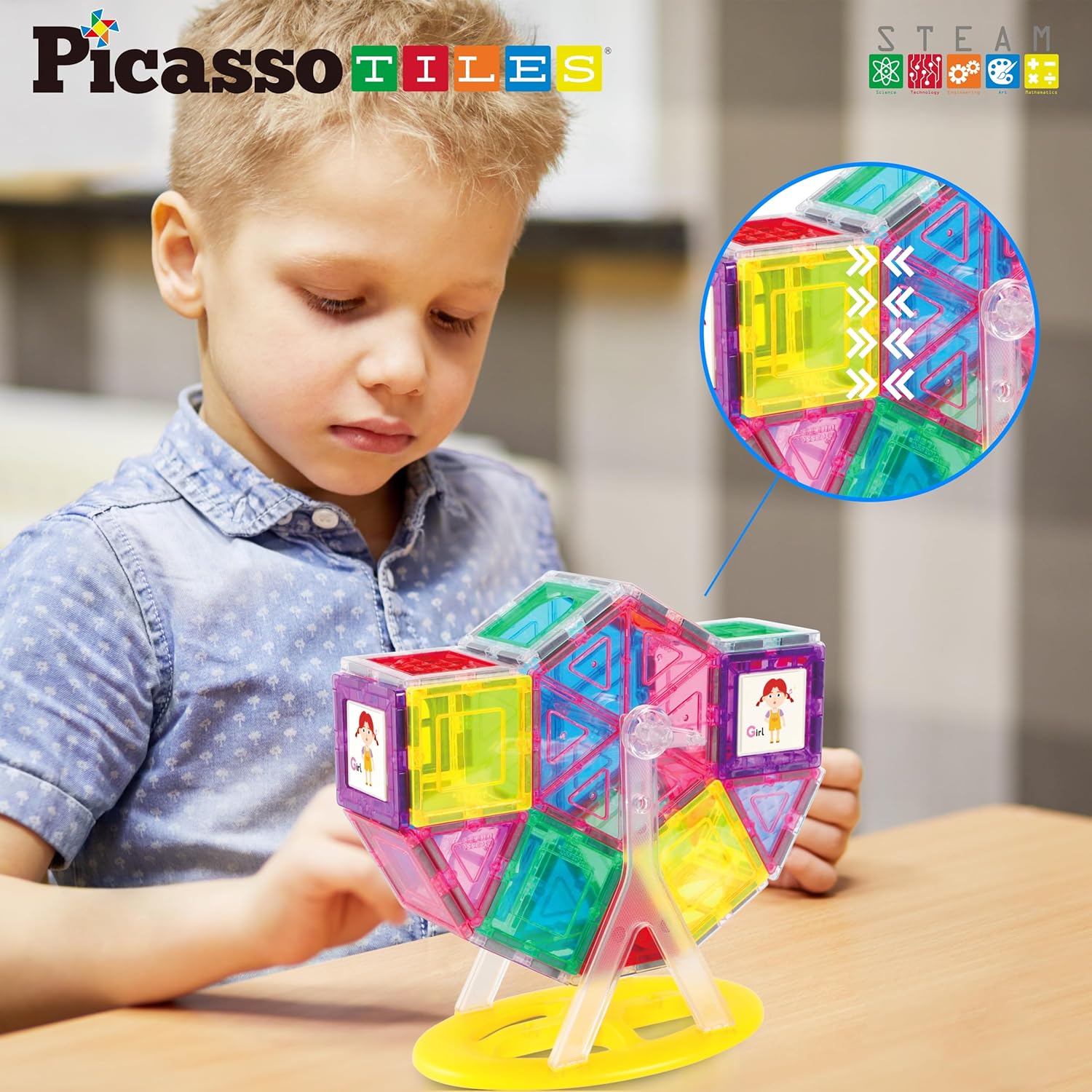PicassoTiles Magnet Tile Building Blocks Ferris Wheel Amusement Rotating Accessory Kit Compatible with Full Sized Magnetic Tiles Construction Toy Set Education STEM Learning 3D Toddler Kid Age 3 PT09