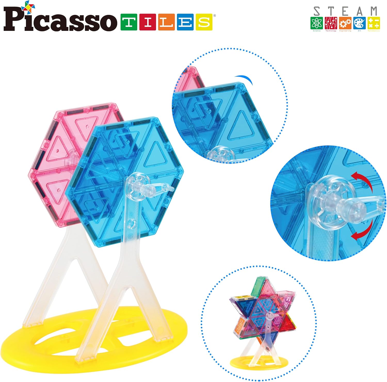 PicassoTiles Magnet Tile Building Blocks Ferris Wheel Amusement Rotating Accessory Kit Compatible with Full Sized Magnetic Tiles Construction Toy Set Education STEM Learning 3D Toddler Kid Age 3 PT09