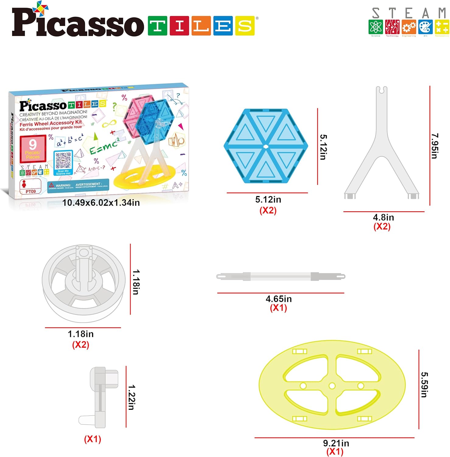 PicassoTiles Magnet Tile Building Blocks Ferris Wheel Amusement Rotating Accessory Kit Compatible with Full Sized Magnetic Tiles Construction Toy Set Education STEM Learning 3D Toddler Kid Age 3 PT09