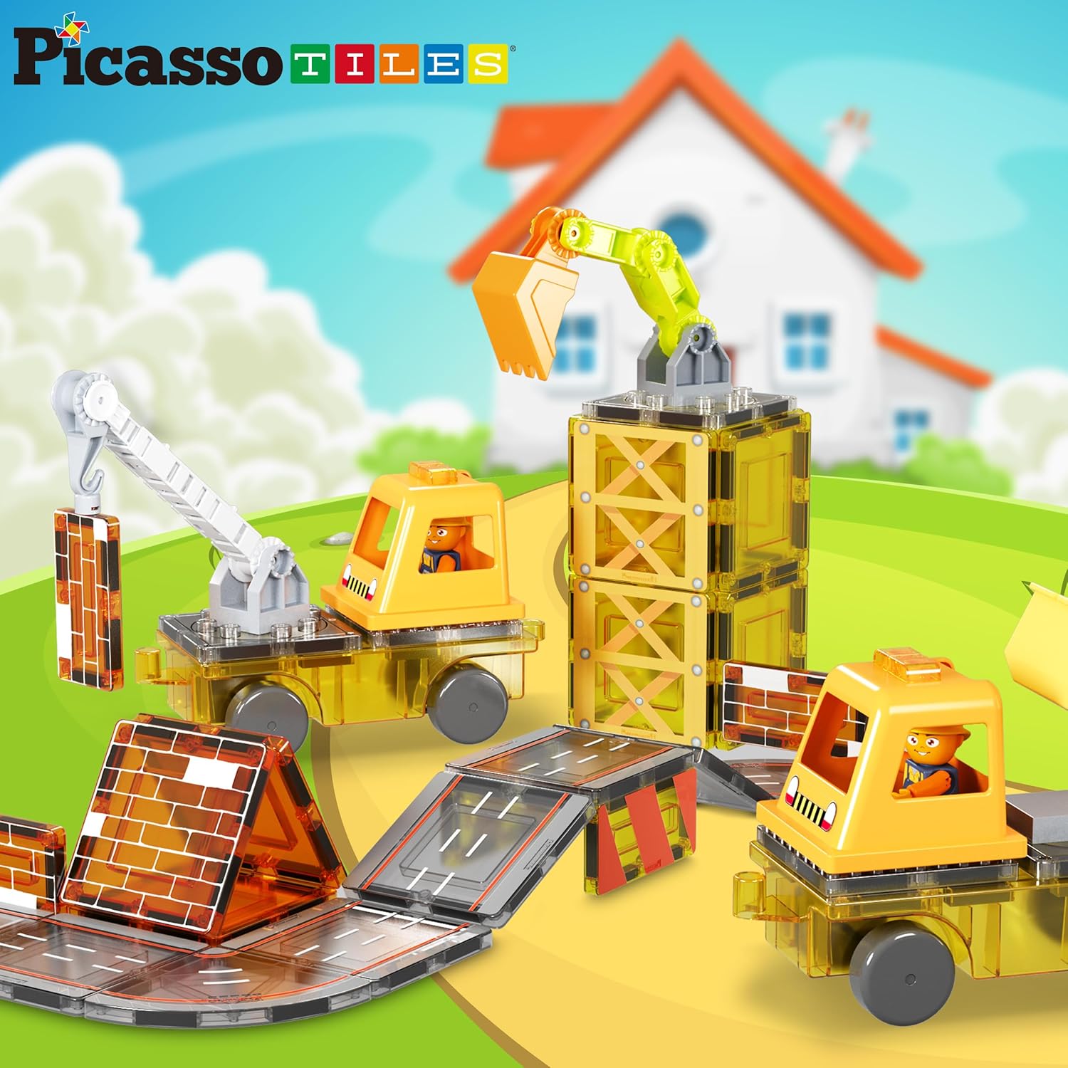 PicassoTiles Magnet Tiles Building Block 2in1 Excavator ampamp Backhoe Brick Compatible Construction Playset with Car Base Magnetic Character Action Figure STEM Educational Learning Toy Kit Age 3 PTU045in1
