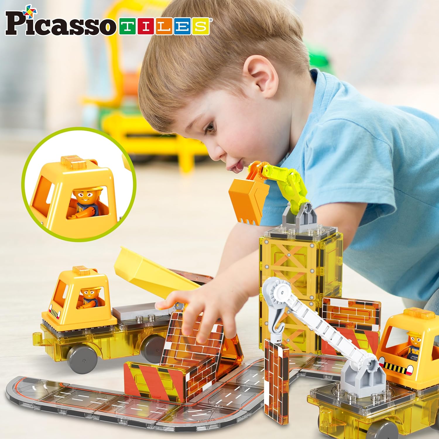 PicassoTiles Magnet Tiles Building Block 2in1 Excavator ampamp Backhoe Brick Compatible Construction Playset with Car Base Magnetic Character Action Figure STEM Educational Learning Toy Kit Age 3 PTU045in1