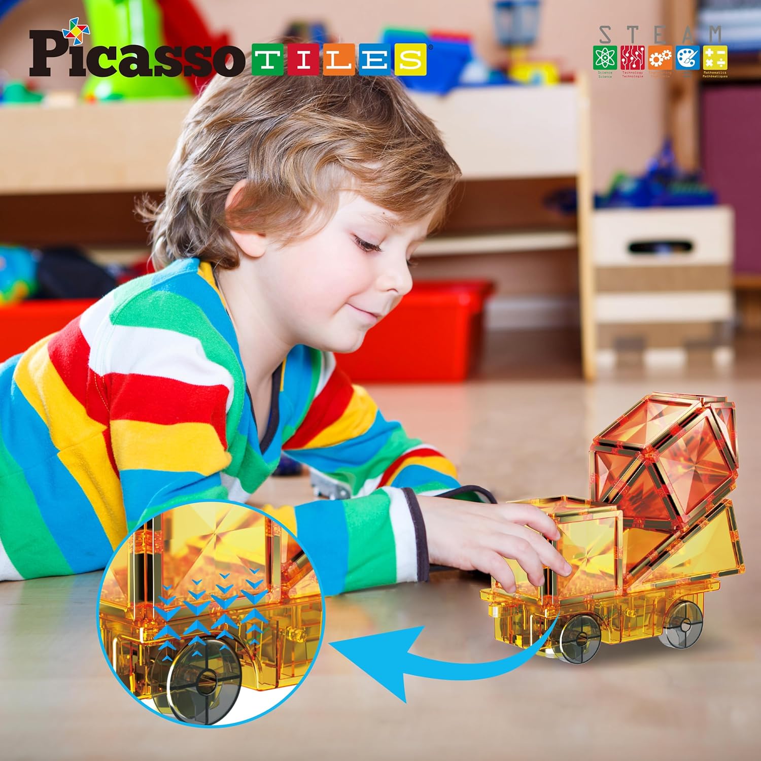 PicassoTiles Magnet Tiles Building Block 2in1 Excavator ampamp Backhoe Brick Compatible Construction Playset with Car Base Magnetic Character Action Figure STEM Educational Learning Toy Kit Age 3 PTU04Light And Motor