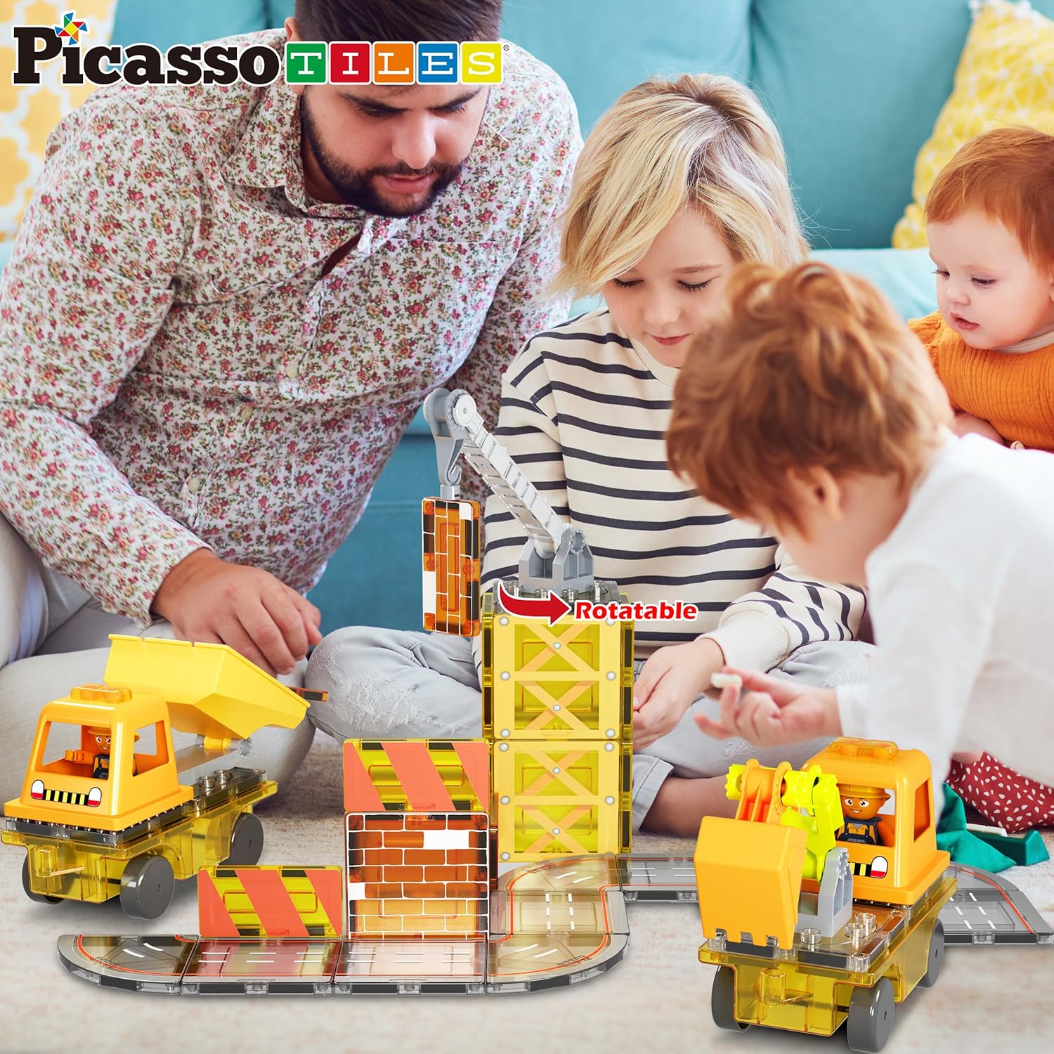 PicassoTiles Magnet Tiles Building Block 2in1 Excavator ampamp Backhoe Brick Compatible Construction Playset with Car Base Magnetic Character Action Figure STEM Educational Learning Toy Kit Age 3 PTU045in1