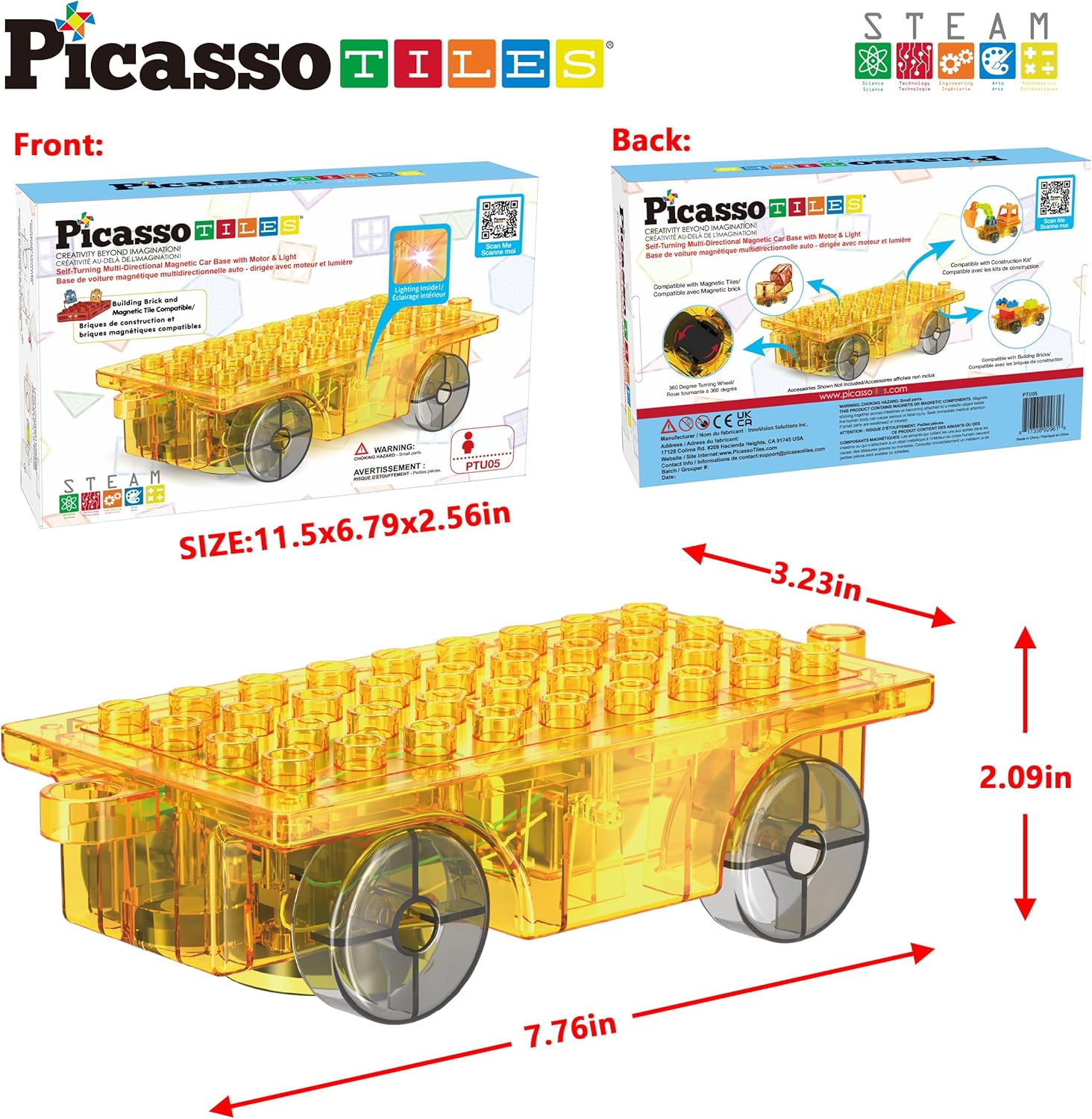 PicassoTiles Magnet Tiles Building Block 2in1 Excavator ampamp Backhoe Brick Compatible Construction Playset with Car Base Magnetic Character Action Figure STEM Educational Learning Toy Kit Age 3 PTU04Light And Motor