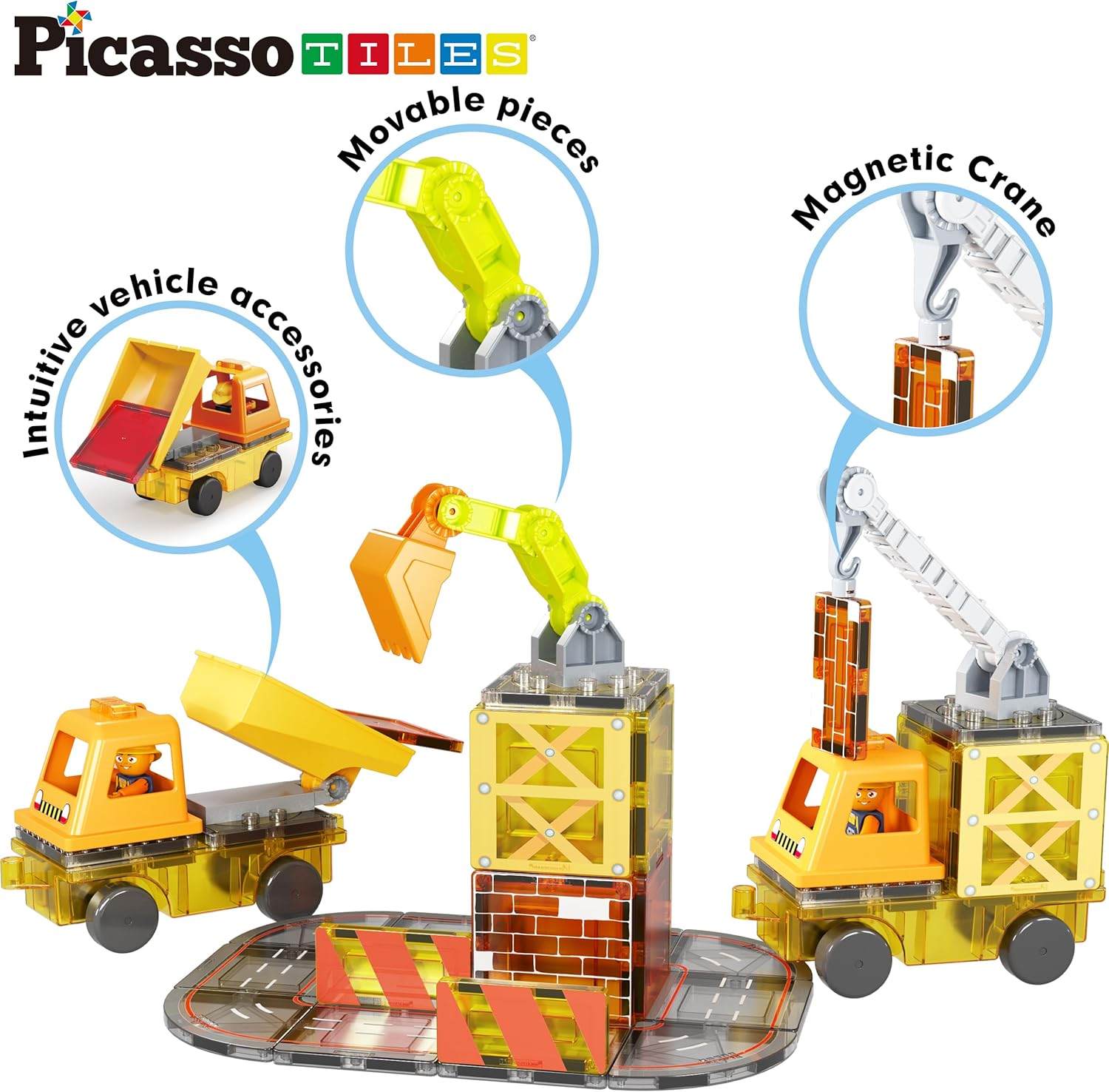 PicassoTiles Magnet Tiles Building Block 2in1 Excavator ampamp Backhoe Brick Compatible Construction Playset with Car Base Magnetic Character Action Figure STEM Educational Learning Toy Kit Age 3 PTU045in1
