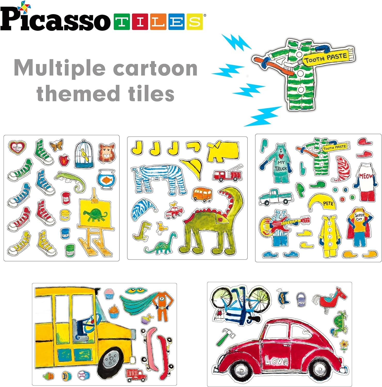 PicassoTiles Pete The Cat Board Game Puzzle Activity Play Book Magnet Mix and Match Cartoon Toy Playset with Storage Reusable Magnetic Figures Storytelling STEM Education Learning Kids Ages 3 PTC02