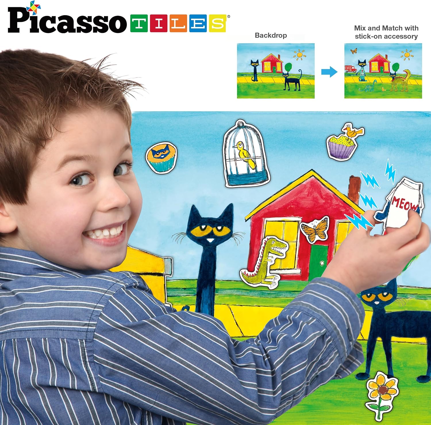 PicassoTiles Pete The Cat Board Game Puzzle Activity Play Book Magnet Mix and Match Cartoon Toy Playset with Storage Reusable Magnetic Figures Storytelling STEM Education Learning Kids Ages 3 PTC02