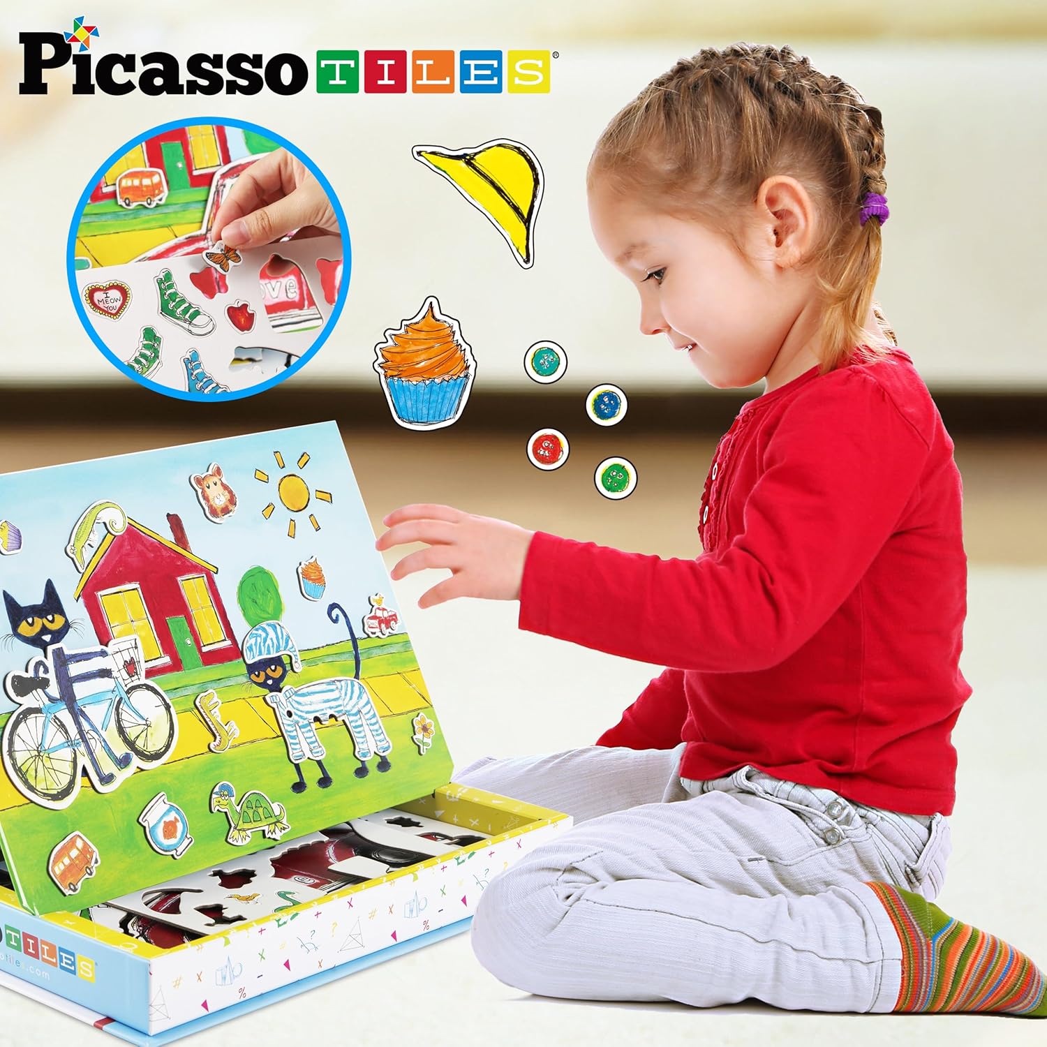 PicassoTiles Pete The Cat Board Game Puzzle Activity Play Book Magnet Mix and Match Cartoon Toy Playset with Storage Reusable Magnetic Figures Storytelling STEM Education Learning Kids Ages 3 PTC02