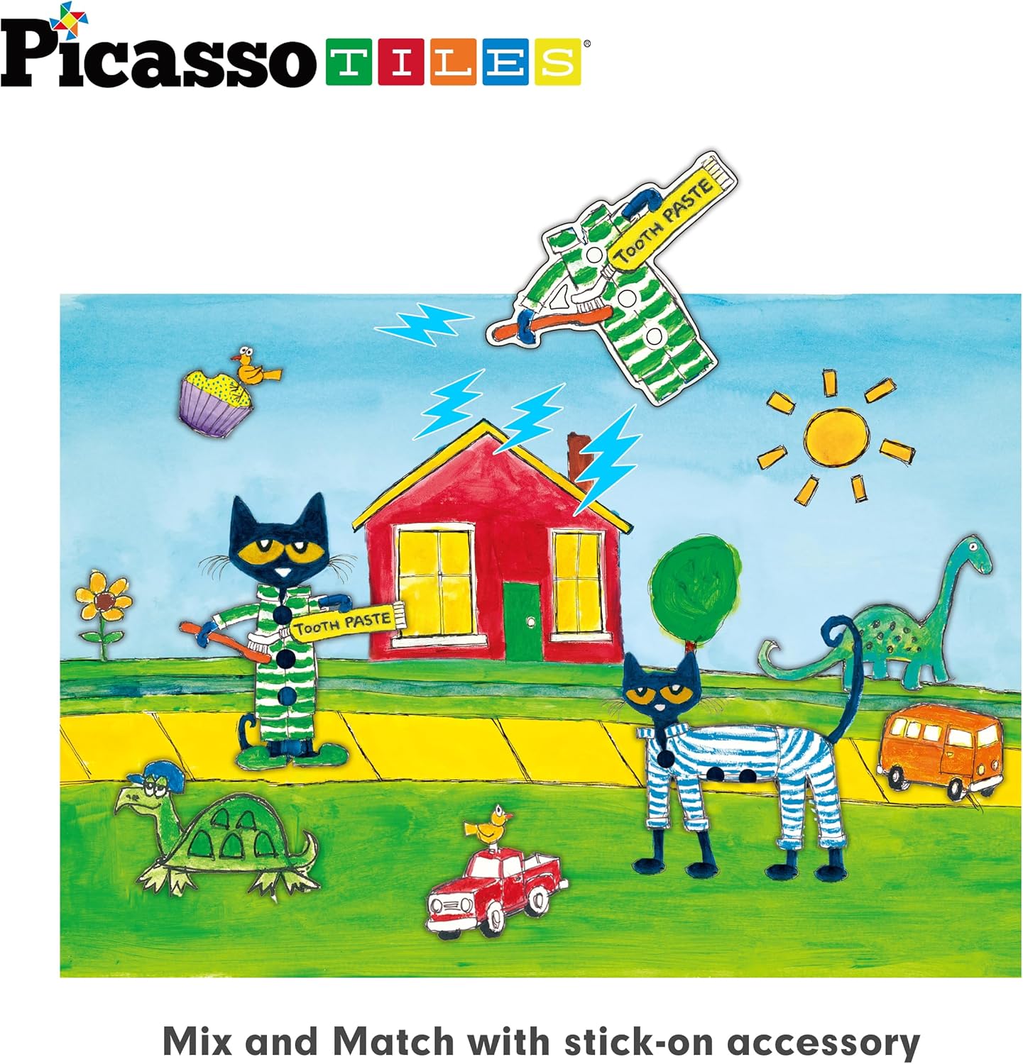 PicassoTiles Pete The Cat Board Game Puzzle Activity Play Book Magnet Mix and Match Cartoon Toy Playset with Storage Reusable Magnetic Figures Storytelling STEM Education Learning Kids Ages 3 PTC02