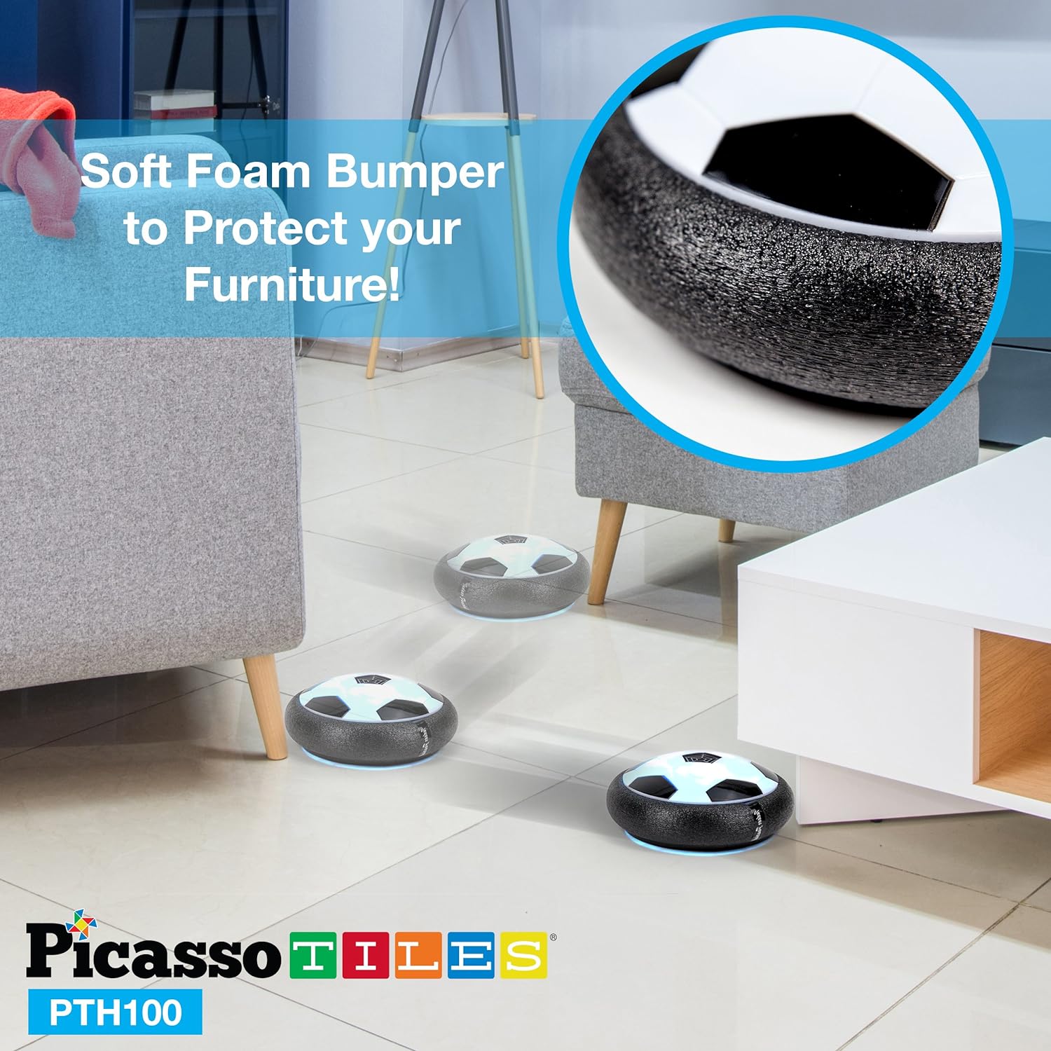 PicassoTiles Soccer Hoverball Air Hockey Electric Power Airlifted Hover Ball Indoor Floating Airflow Hovering LED Light and Soft Bumper Battery Powered Training and Playing Age 3 and up PTH100