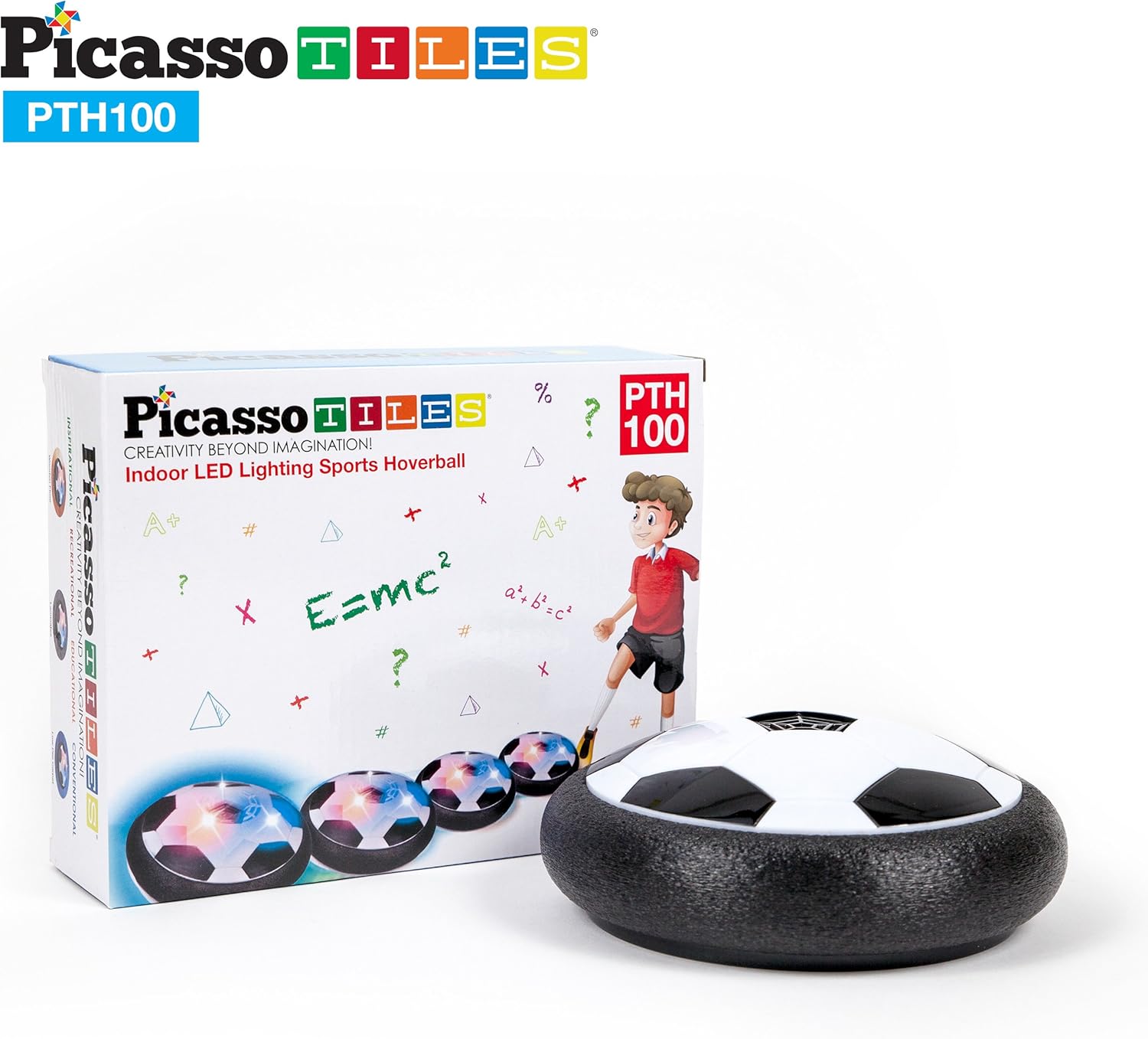 PicassoTiles Soccer Hoverball Air Hockey Electric Power Airlifted Hover Ball Indoor Floating Airflow Hovering LED Light and Soft Bumper Battery Powered Training and Playing Age 3 and up PTH100