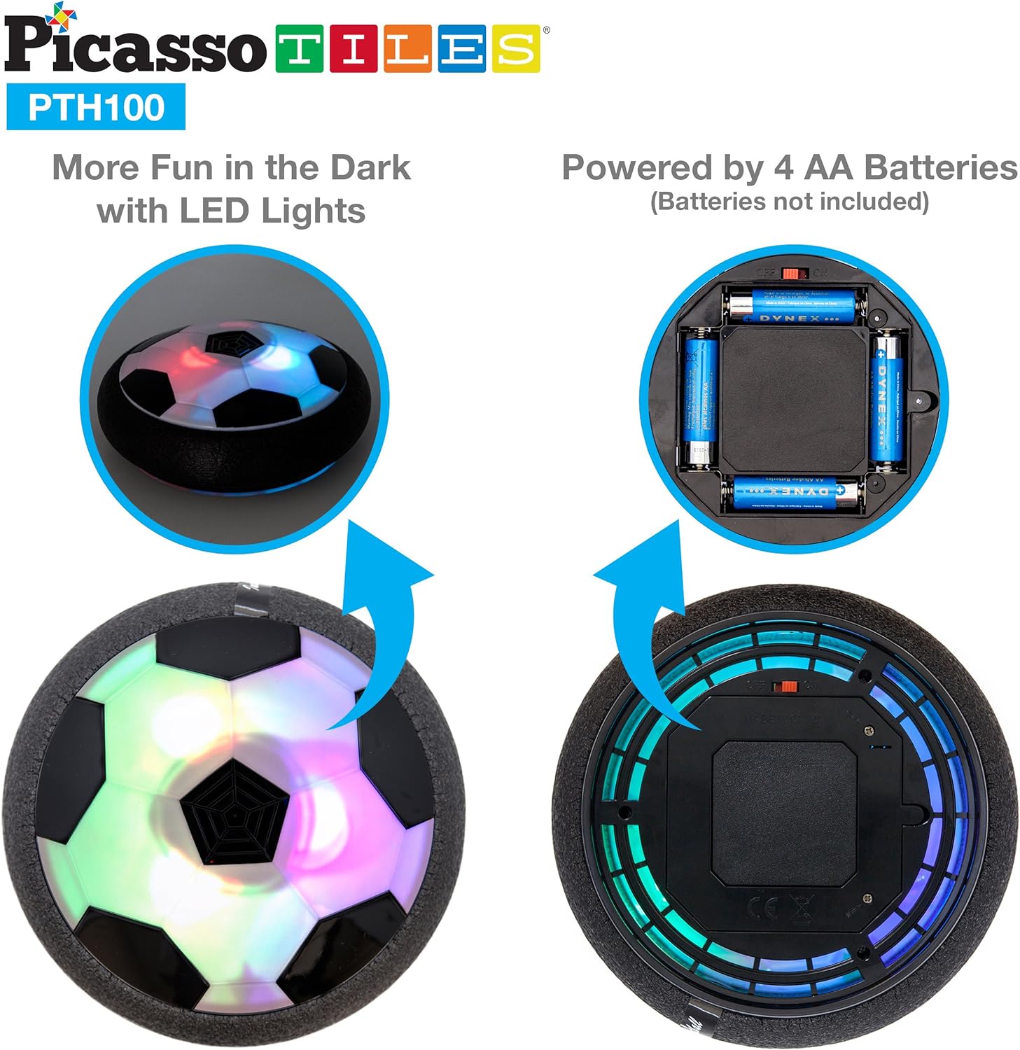 PicassoTiles Soccer Hoverball Air Hockey Electric Power Airlifted Hover Ball Indoor Floating Airflow Hovering LED Light and Soft Bumper Battery Powered Training and Playing Age 3 and up PTH100