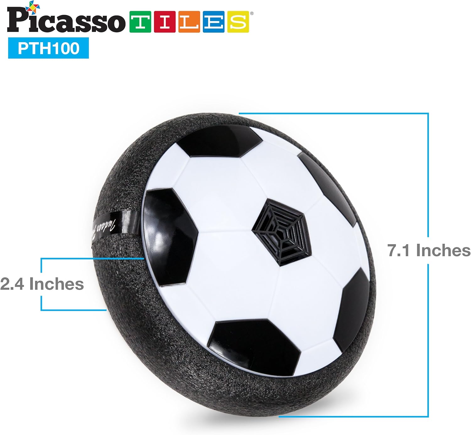 PicassoTiles Soccer Hoverball Air Hockey Electric Power Airlifted Hover Ball Indoor Floating Airflow Hovering LED Light and Soft Bumper Battery Powered Training and Playing Age 3 and up PTH100