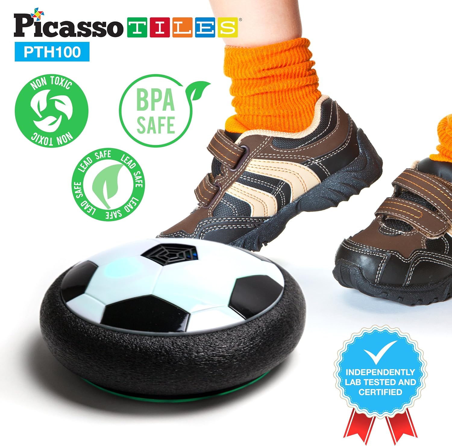 PicassoTiles Soccer Hoverball Air Hockey Electric Power Airlifted Hover Ball Indoor Floating Airflow Hovering LED Light and Soft Bumper Battery Powered Training and Playing Age 3 and up PTH100