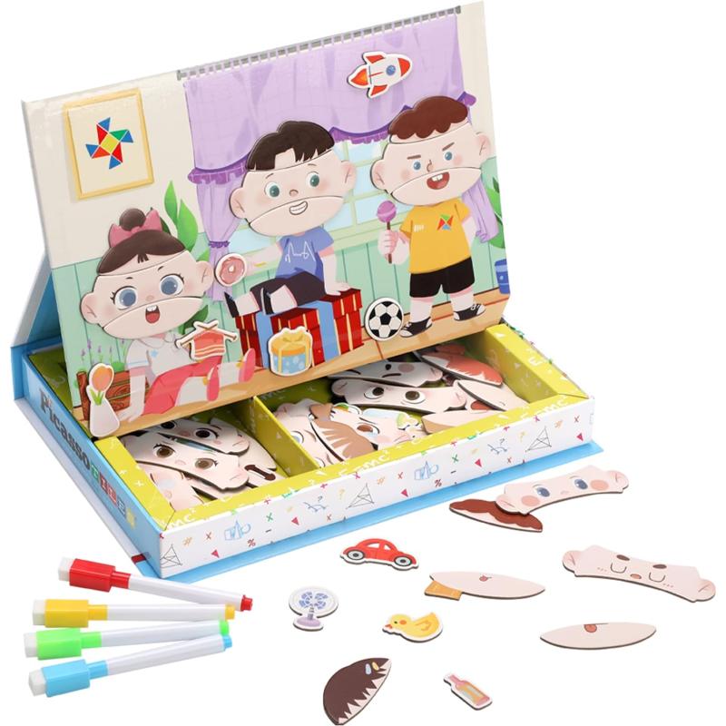 PicassoTiles 108pcs Reusable Magnetic Face Sticker Puzzle Book Drawing Board Set for KidsEducational and Learning Activity Books Toys ampamp Activity STEM Learning Toys Early Education ToysGifts Boys