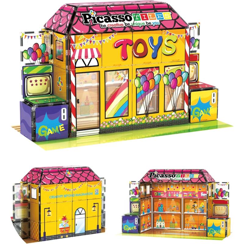 PicassoTiles 60pc Magnetic Building Block Magnet Tile Toy Shop Theme Pretend Play Construction Kit Reconfigurable Printed Structure DoubleSided Printing Education STEM Learning Playset Ages 3 PTQ50