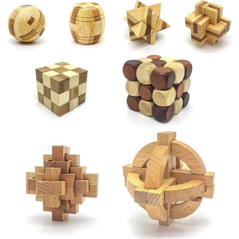 PicassoTiles 8 Styles Interlocking Sensory Toys Wooden Burr Cube Ball and Barrels Logic Skill Genius Puzzle Brain Teaser Games ampamp Intellectual 3D Assembling Educational Toy Set for Kids ampamp Adults PTP08Wood 8styles