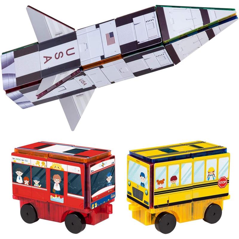 PicassoTiles Magnet Building Blocks STEM Learning Construction Toy Set Early Education Kit 3in1 Rocket School Bus Train Theme StickOn Puzzle Pretend Play Magnetic Tiles Kids Building Block Toys