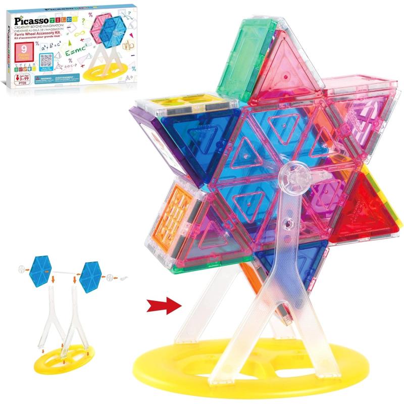 PicassoTiles Magnet Tile Building Blocks Ferris Wheel Amusement Rotating Accessory Kit Compatible with Full Sized Magnetic Tiles Construction Toy Set Education STEM Learning 3D Toddler Kid Age 3 PT09