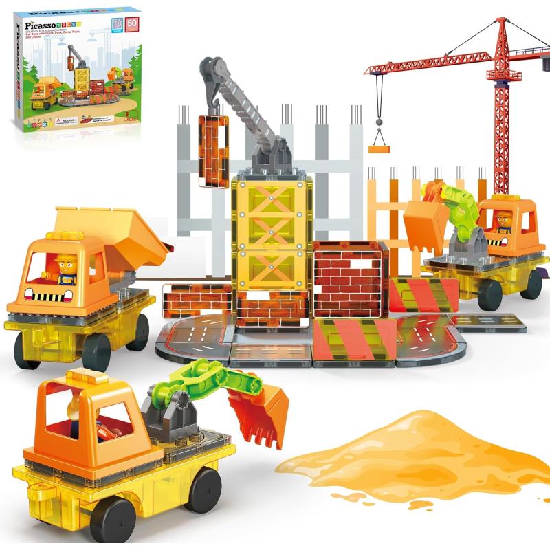PicassoTiles Magnet Tiles Building Block 2in1 Excavator ampamp Backhoe Brick Compatible Construction Playset with Car Base Magnetic Character Action Figure STEM Educational Learning Toy Kit Age 3 PTU045in1