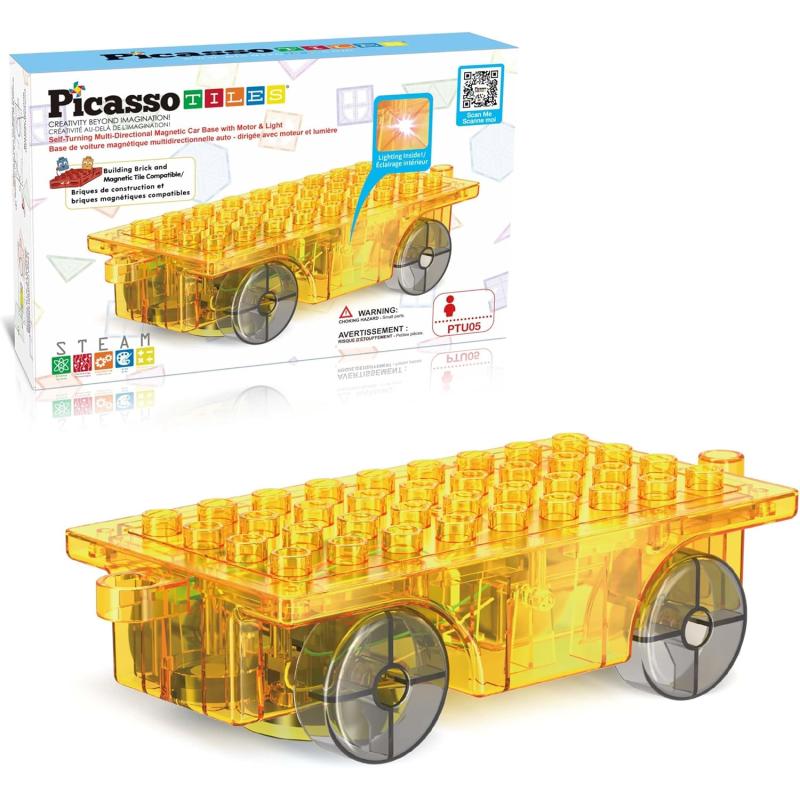 PicassoTiles Magnet Tiles Building Block 2in1 Excavator ampamp Backhoe Brick Compatible Construction Playset with Car Base Magnetic Character Action Figure STEM Educational Learning Toy Kit Age 3 PTU04Light And Motor