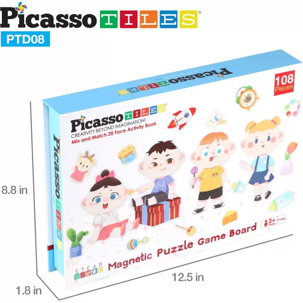 PicassoTiles 108pcs Reusable Magnetic Face Sticker Puzzle Book Drawing Board Set for KidsEducational and Learning Activity Books Toys ampamp Activity STEM Learning Toys Early Education ToysGifts Boys