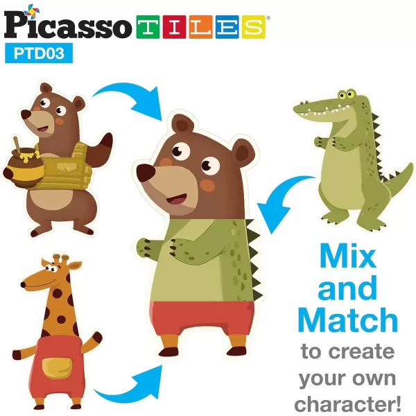 PicassoTiles 112 Piece Magnetic Mix ampamp Match Animal Building Activity DIY Combination Puzzle Book Kid Toy Set Educational Playset STEM Learning 20 FREE Unique Animals Creative Inspirational Idea Cards